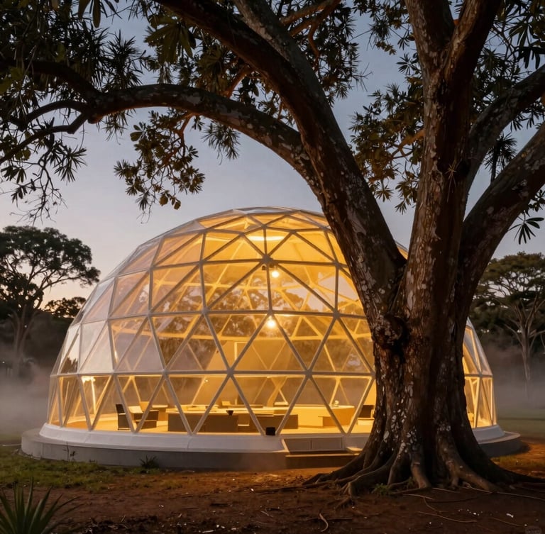 A striking vertical portrait of a modern geodesic dome nestled in a giant Queensland fig tree, glowing warm gold light at twilight, mist rising from the ground