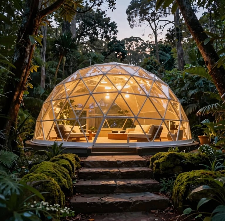 A cinematic twilight shot of a futuristic geodesic holiday dome glowing with warm golden light, nestled seamlessly within a dense Australian rainforest canopy, ancient mossy stone steps in the foreground, ultra-realistic premium resort atmosphere.