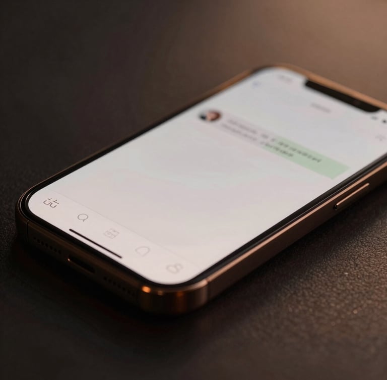 Extreme close-up macro shot of a dark bronze smartphone screen displaying an elegant, clean chat interface, soft warm twilight lighting, high-contrast luxury aesthetic.
