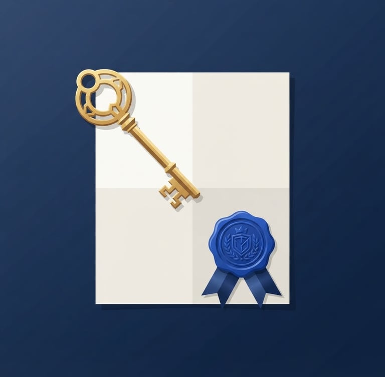 Flat vector illustration of a legal contract with a royal blue official wax seal and a golden key, clean geometric shapes, navy background, sharp corporate minimalist style