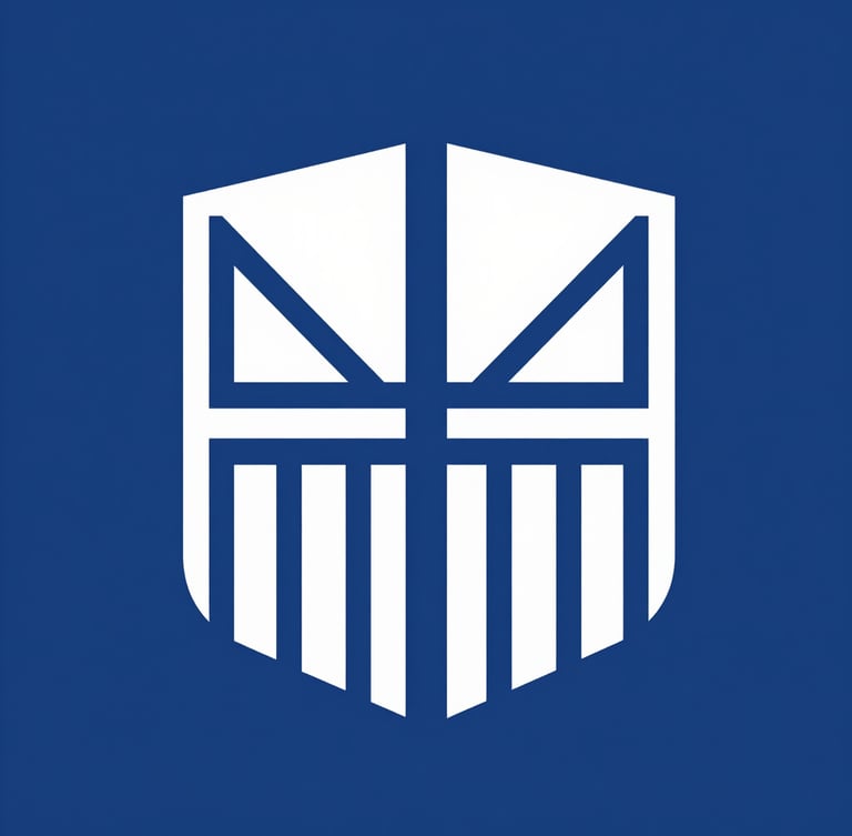 A clean geometric vector illustration of a stylized legal seal and abstract architectural lines. Royal blue and navy tones, sharp corporate minimalist style.