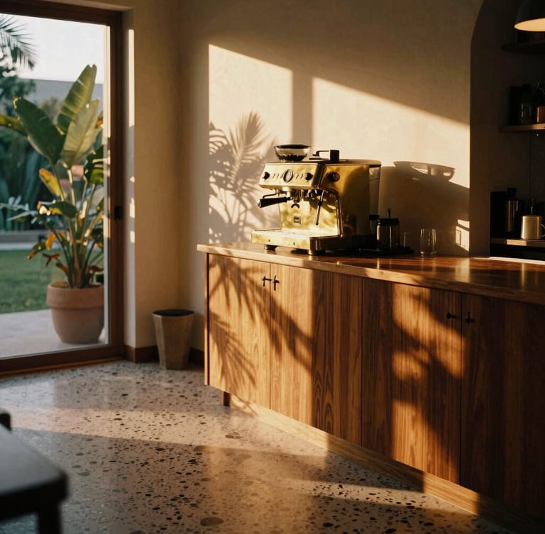 Warm editorial photography of sun-drenched terrazzo floors inside a modernist building, a polished brass espresso machine on a dark wood counter, tropical foliage shadows on the wall, golden-hour window light, 35mm film aesthetic