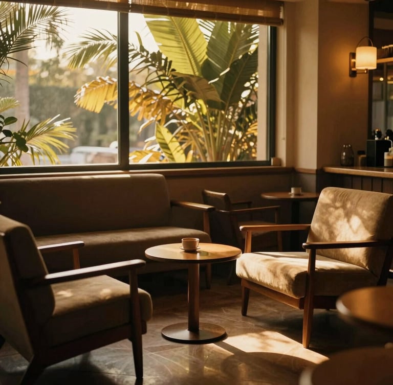 Warm editorial photography of a low-lit sophisticated lounge with mid-century Italian furniture, golden-hour window light filtering through tropical leaves.