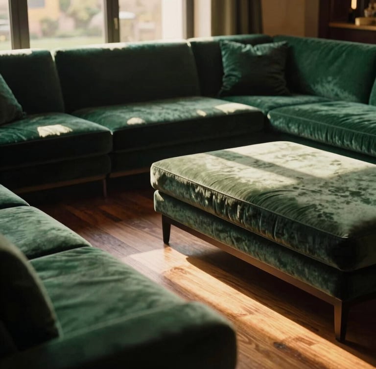 Ampia inquadratura ambientale di una lounge vuota ed elegante, pavimenti in terrazzo veneziano, arredi modernisti in velluto verde e legno scuro, ombre morbide del tramonto