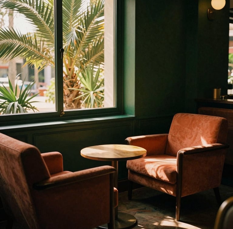 A low-lit sophisticated lounge with mid-century Italian armchairs, warm golden-hour light filtering through tropical palm leaves, rich deep green and terracotta tones, soft shadows, 35mm film aesthetic