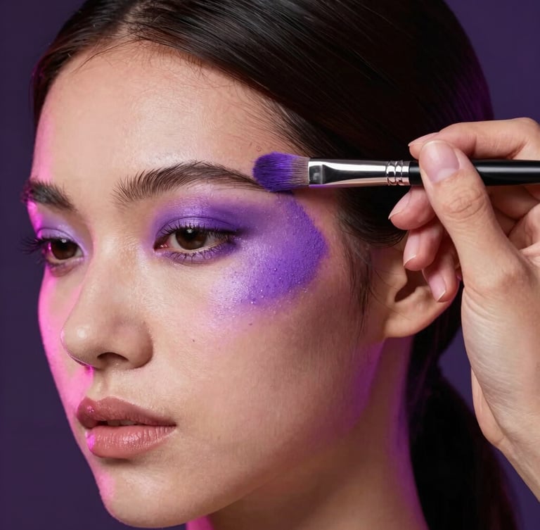 Artistic portrait of a makeup artist's hand holding a brush, applying a precise stroke of vibrant purple pigment near a model's temple, sharp focus on skin texture and pigment, dramatic studio lighting