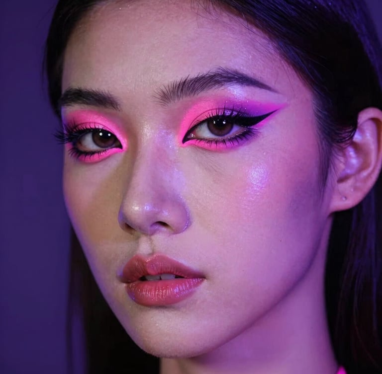 Dramatic close-up of a model with high-pigment graphic eyeliner and neon pink accents, studio lighting with deep purple rim light, 85mm lens