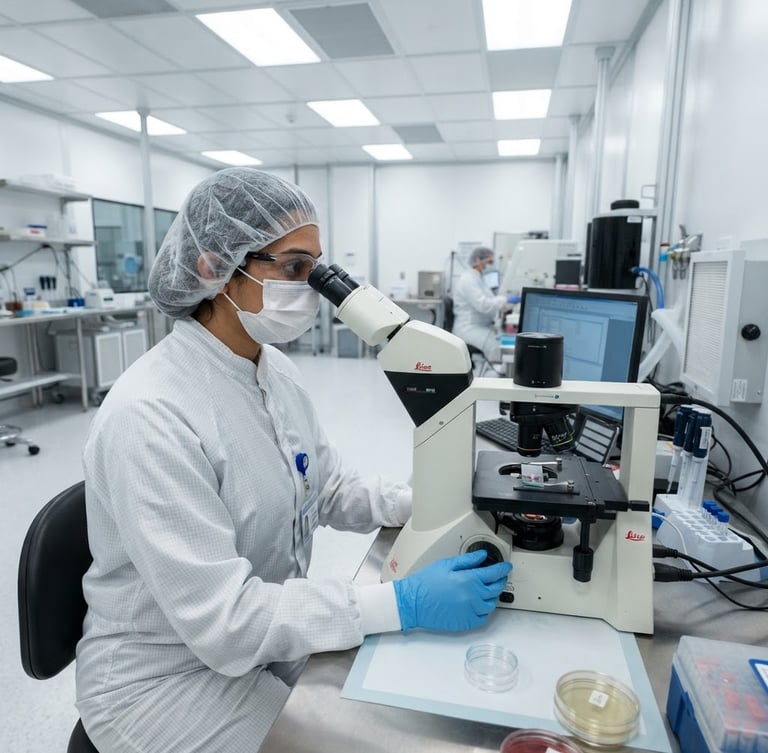 Scientist in a sterile cleanroom, looking at a microscope, bright clinical lighting, fresh aqua and sterile white tones, sharp macro focus, wide-angle clean industrial space.