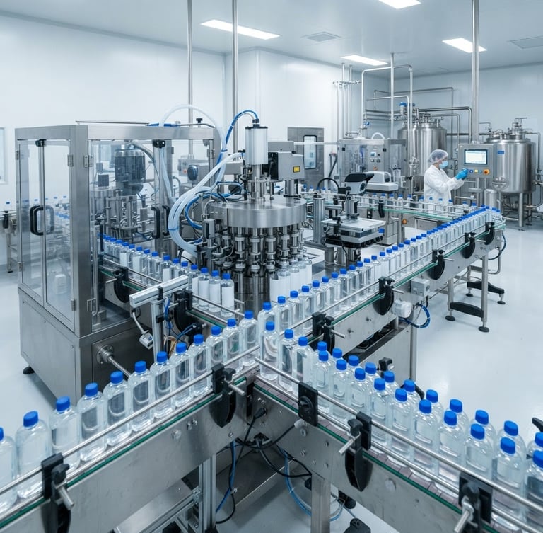 Wide shot of a sterile, automated bottling line for liquid disinfectants, bright clinical lighting, cool tones, sharp focus on precision machinery.