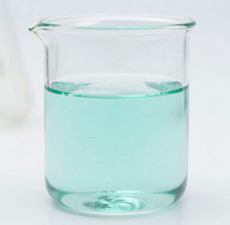 Macro shot of a clear liquid in a scientific beaker, precise laboratory setup, clean white background, cool-toned natural daylight.