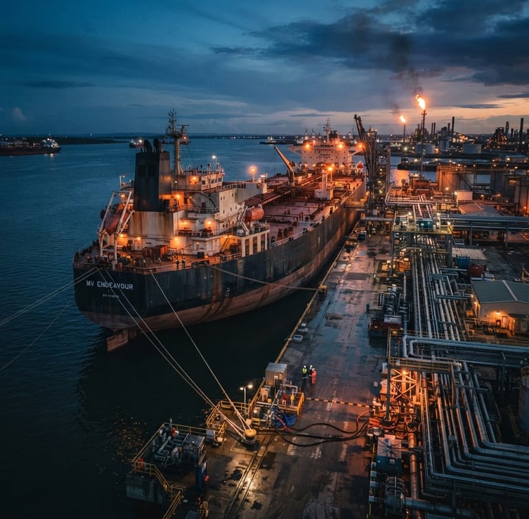 Cinematic industrial photography of a massive oil tanker vessel docked at a deepwater terminal at twilight, desaturated steel blues and warm orange sodium flares, wide-angle lens