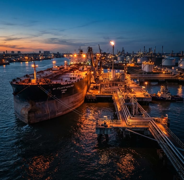 Cinematic industrial photography of a massive crude oil tanker ship loading at a deepwater terminal, dramatic twilight lighting with orange sodium flares reflecting off steel hulls and dark water, wide-angle lens.