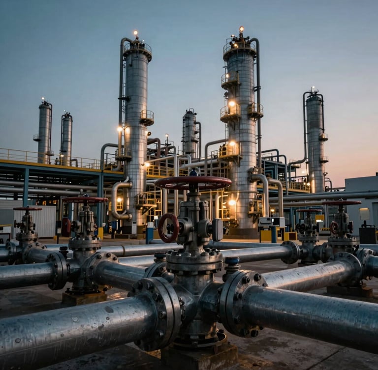 Cinematic industrial photography of heavy steel valves and pipelines inside a refinery, dramatic twilight lighting with warm sodium flares, desaturated steel blues, wide-angle lens