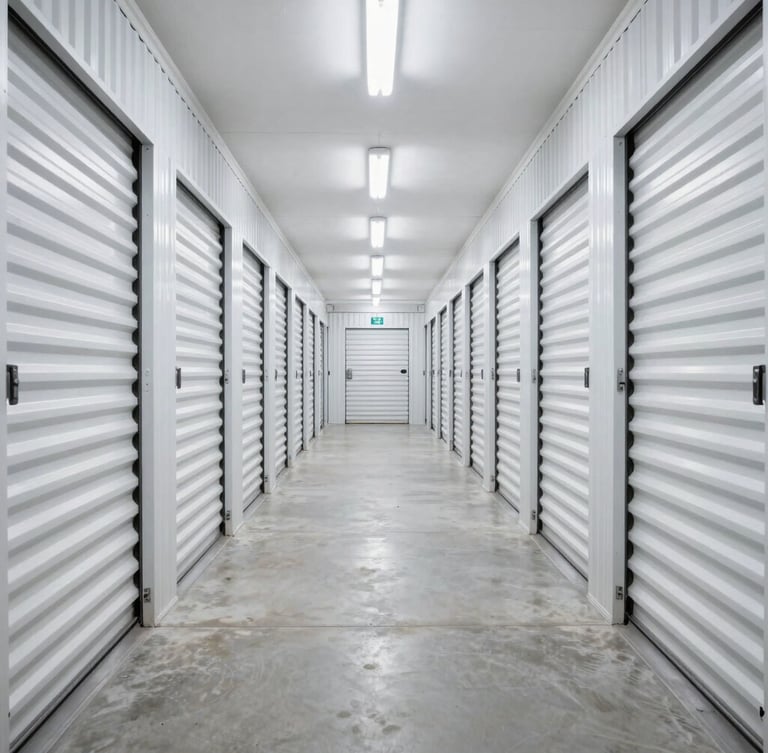 Wide one-point perspective corridor of a brightly lit, immaculate commercial storage facility in Dubai, clean concrete floors, secure steel doors, clinical overhead lighting.