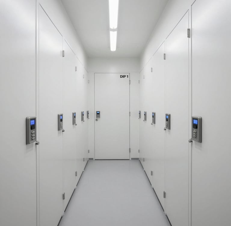 Wide perspective of an immaculate, brightly lit storage corridor in DIP 1, clean white walls, secure electronic keypads on unit doors, clinical and secure atmosphere.