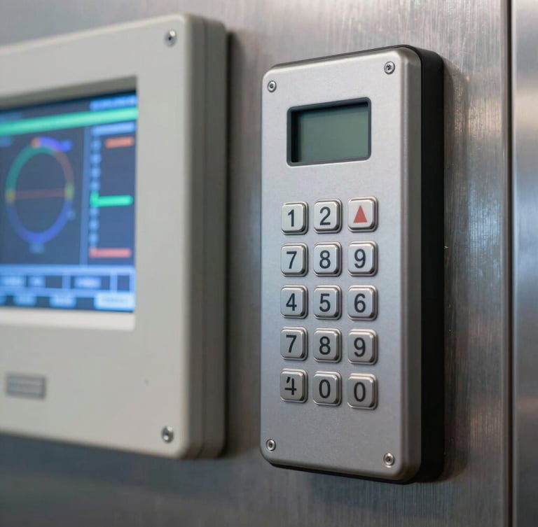A sharp close-up of a high-security electronic access keypad mounted on a steel wall next to a brightly illuminated climate-control monitoring panel showing digital metrics.