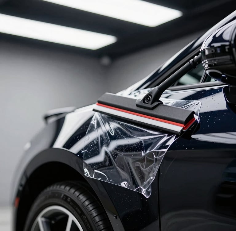Macro shot of a squeegee smoothing clear self-healing paint protection film over the curved fender of a black luxury sports car, cool studio LED light bars overhead, clinical environment, high contrast