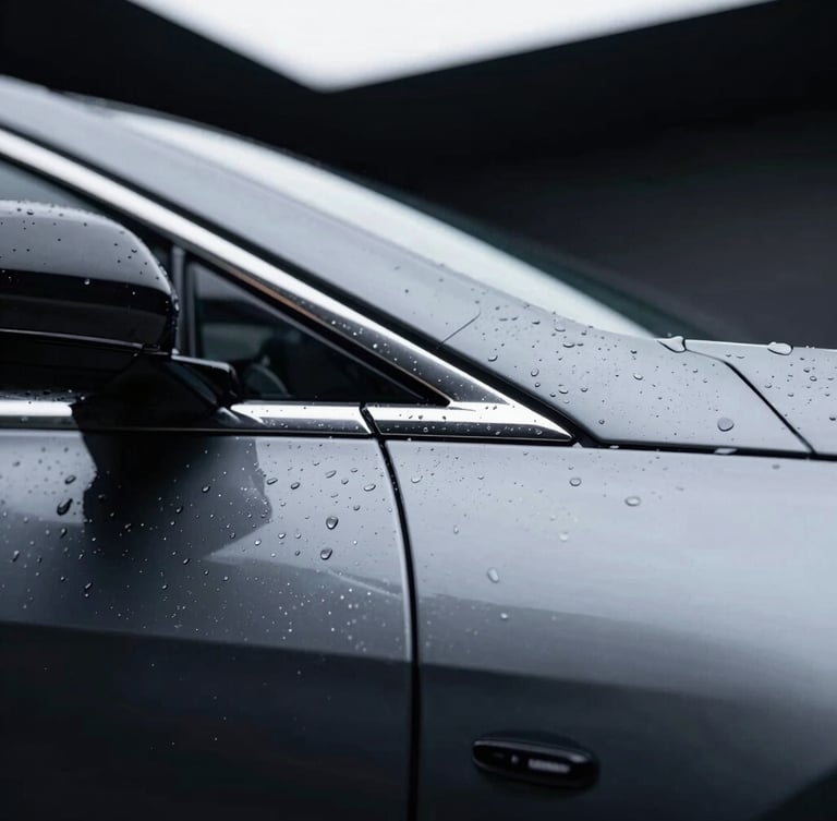 Extreme close-up of a flawless wrapped edge on a high-end luxury car door, water beading on the hydrophobic surface, dramatic cool overhead studio lighting, high contrast
