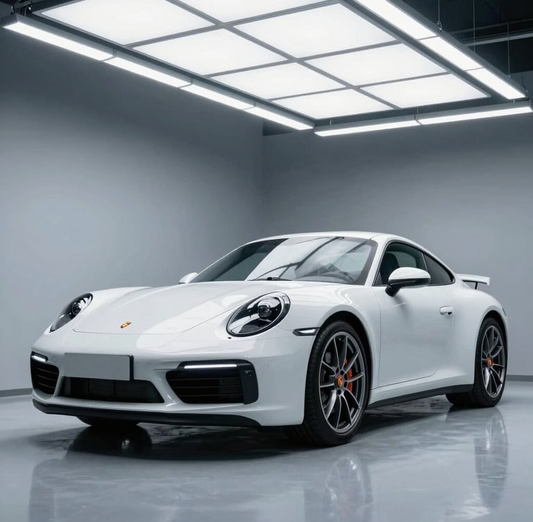 Macro photograph of a pristine, clinical automotive detailing bay under bright overhead LED light bars, a white Porsche 911 being prepped, dust-free environment, cool-toned ambient light, high-contrast, 50mm