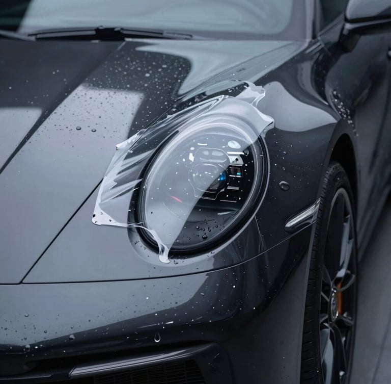 Extreme macro shot of a clear polyurethane paint protection film being meticulously squeegeed onto the sharp fender curve of a modern black Porsche 911, cool studio LED lighting reflecting off metallic paint, water droplets, high-contrast automotive photography