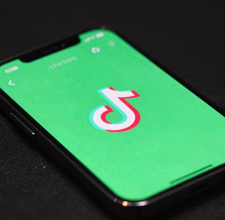 Extreme close-up of a smartphone screen displaying a high-retention TikTok video, vibrant neon green interface elements reflecting on the dark glass, dark studio background.