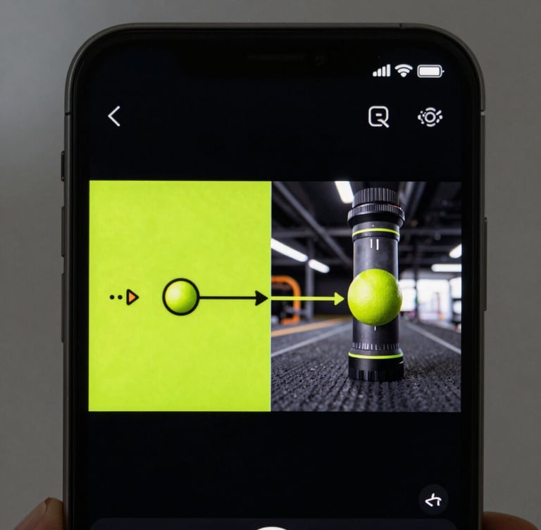 Extreme close-up of a high-contrast vertical smartphone screen showing a split-screen retention graph overlaying a fast-paced product video, vibrant electric lime accents, dark background.