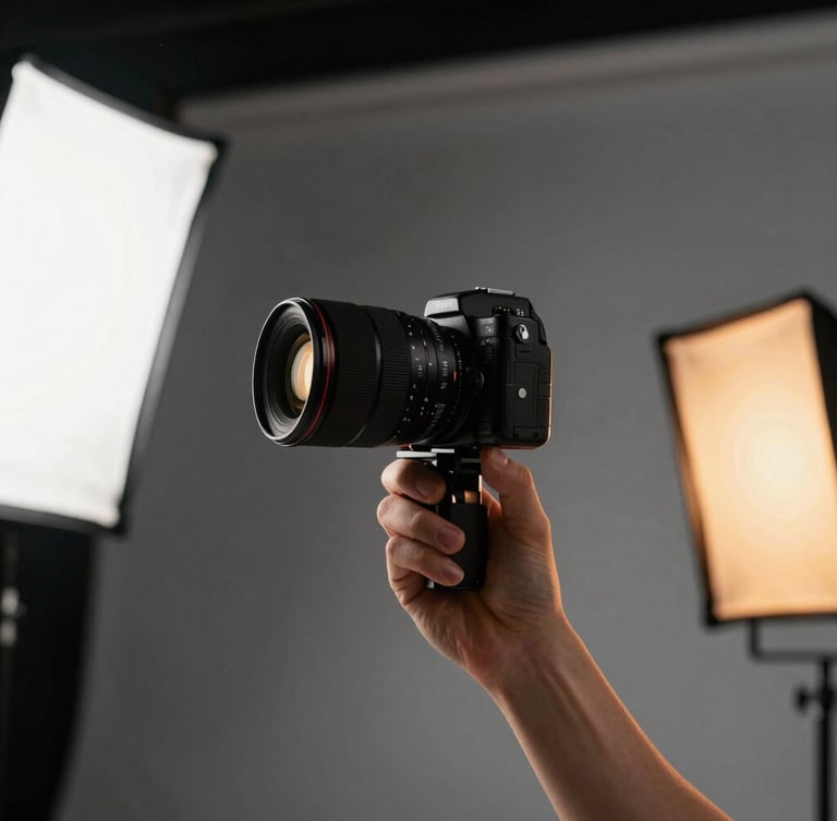 Low-angle raw smartphone shot of a creator in a high-contrast studio with colored gel lighting, holding a vertical camera setup, high energy.