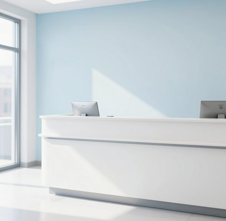 Bright, modern, and welcoming reception area of a dental consulting office in Philadelphia, natural light, soft blue and white decor, sharp focus, 35mm.