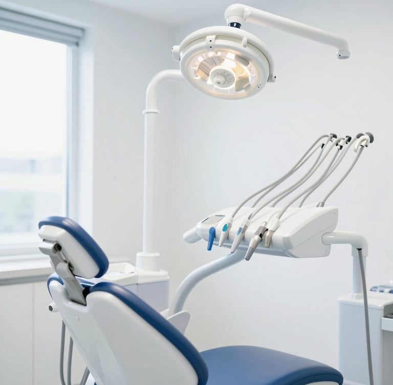 Modern, clean dental clinic interior with advanced dental technology, bright high-key natural daylight, soft whites and calming blue tones, sharp focus, 35mm