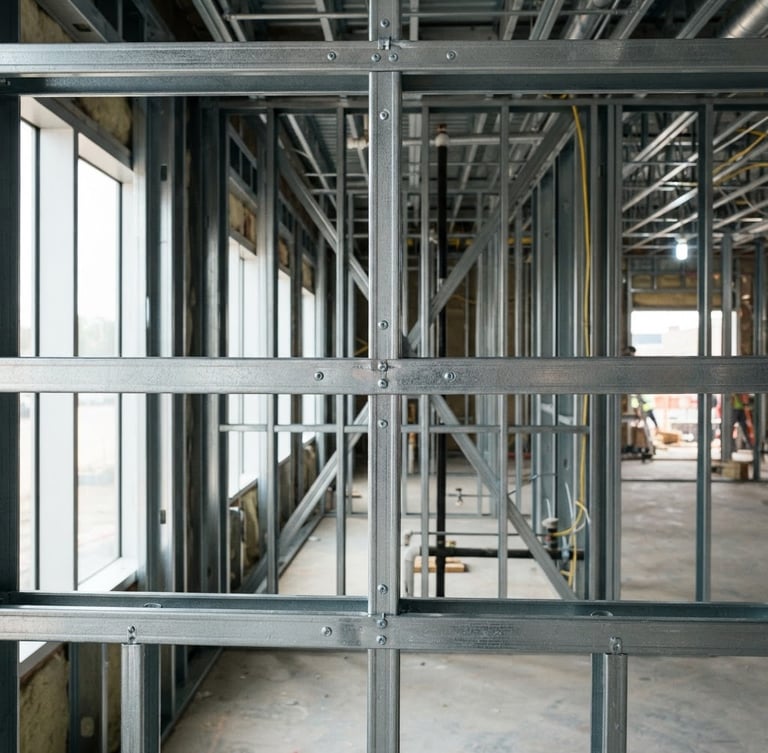 Close-up architectural shot of structural metal stud framing before gypsum boards are mounted, bright natural daylight mixed with cool work lights, sharp focus on clean steel lines.