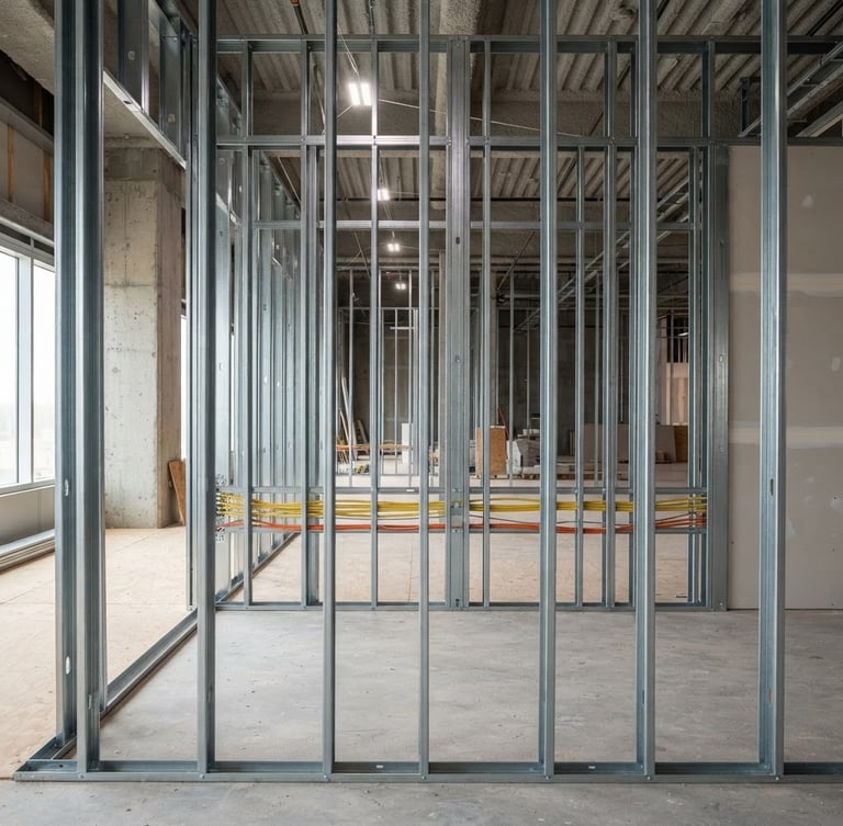 Crisp architectural photography of a metal stud framing structure for a drywall partition, bright natural daylight mixed with cool work lights, clean industrial tones, sharp focus, 35mm lens