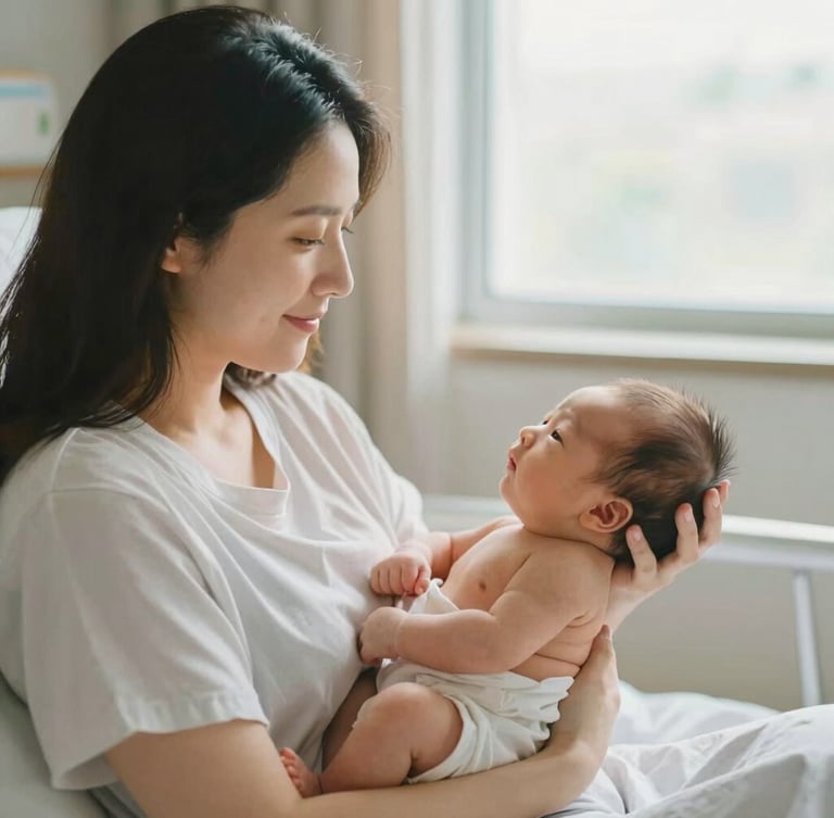 A warm editorial portrait of a mother resting in a private hospital suite, holding her newborn skin-to-skin under soft natural window light, tranquil atmosphere, shallow depth of field, 35mm