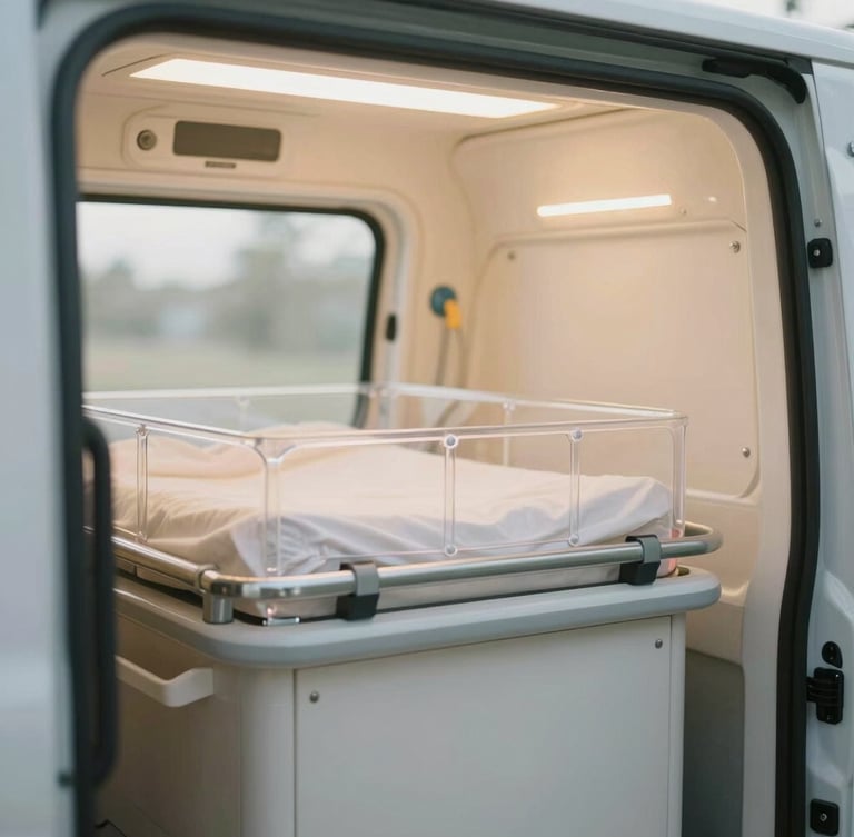 A specialized neonatal transport incubator framed softly in the back of a modern medical vehicle, warm ambient lighting, shallow depth of field