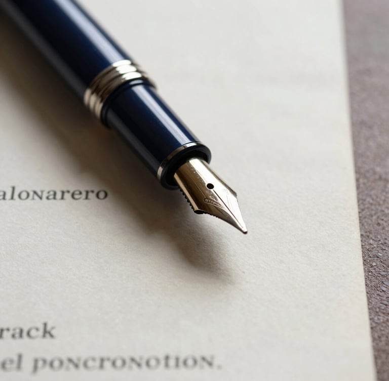 Macro close-up of a high-end fountain pen resting on a crisp legal promissory contract, textured parchment paper, soft directional office window light, high contrast, deep navy tones