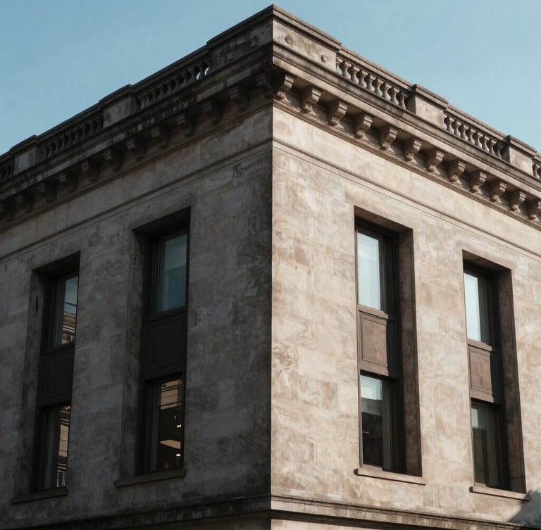 Wide architectural angle of a classic stone financial institution facade with deep geometric shadows, soft morning light