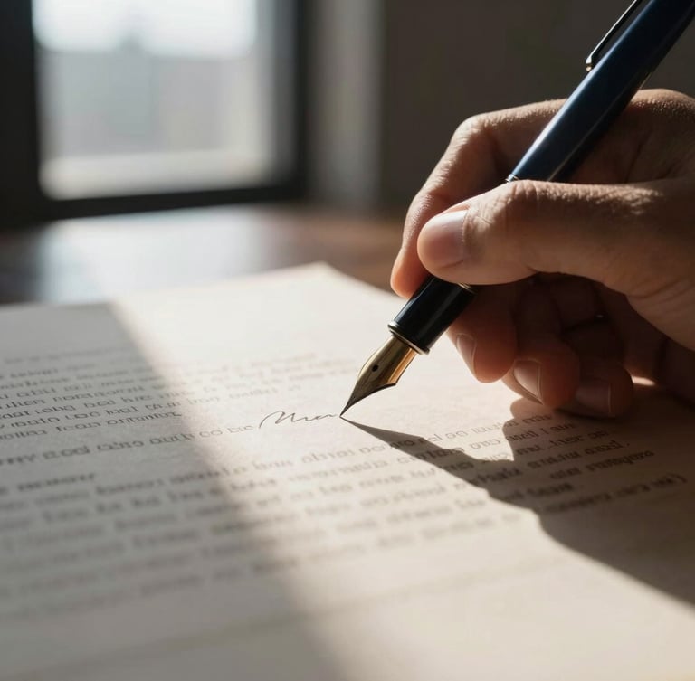 Macro photograph of a fountain pen signing a heavy parchment legal contract under high-contrast directional window light, deep navy shadows.