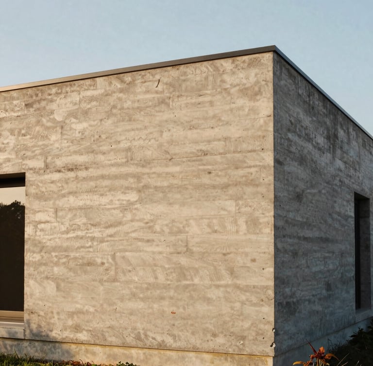 Architectural elevation of a concrete and timber residence, natural side-lighting, raw plaster textures, medium format film photography