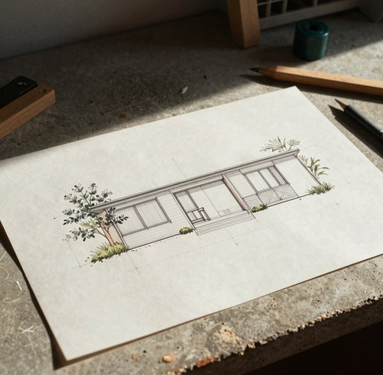 Architectural elevation drawing resting on a concrete workspace, natural side-lighting casting deep shadows, technical tools nearby
