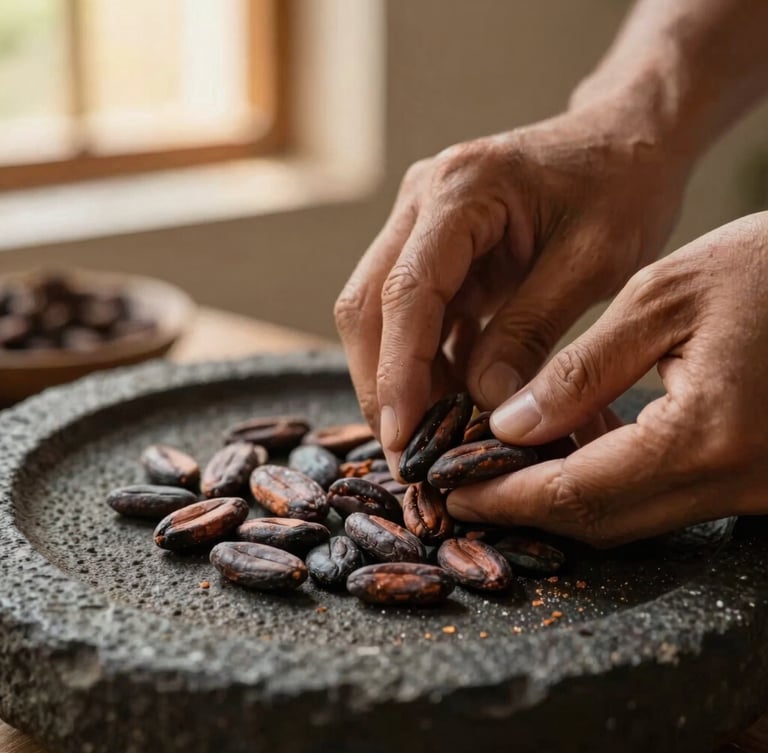 Extreme macro shot of hands grinding rich dark cacao beans on a traditional volcanic stone metate, soft natural light, warm organic textures.