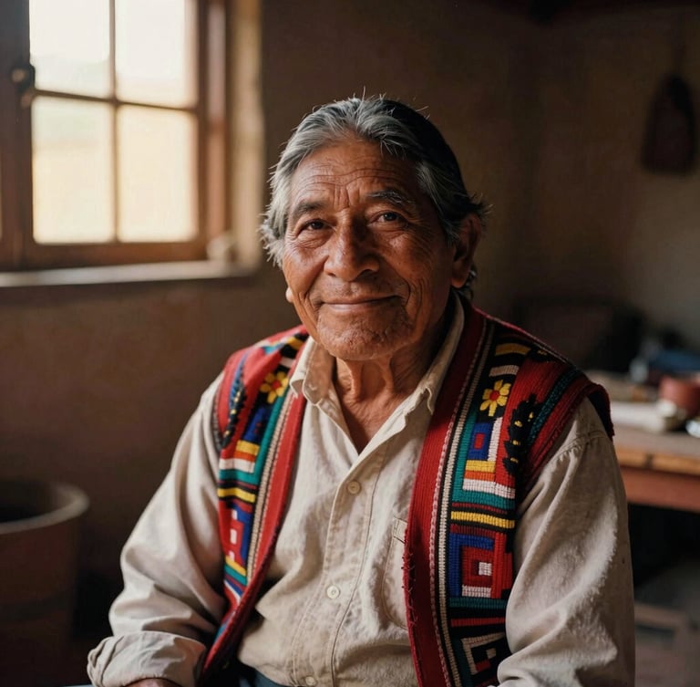 Warm editorial portrait of an elderly Mixtec artisan smiling in a rustic workshop, soft golden-hour window light, rich earthy tones, 35mm film feel.