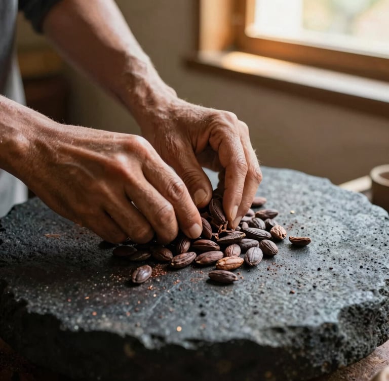 Close-up of hands grinding cacao beans on a dark volcanic stone metate, warm window light, raw textures of chocolate