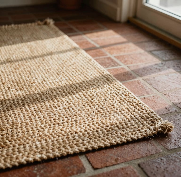 Low-angle floor-level warm editorial photo of braided jute rug edges on a sunlit brick entryway, natural side-lit daylight, 35mm