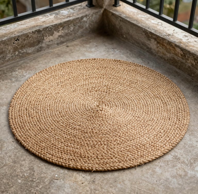 Low-angle floor-level shot of a distressed jute round rug on a weathered concrete balcony, warm editorial photography, natural side-lit daylight, rich earthy tones, 35mm