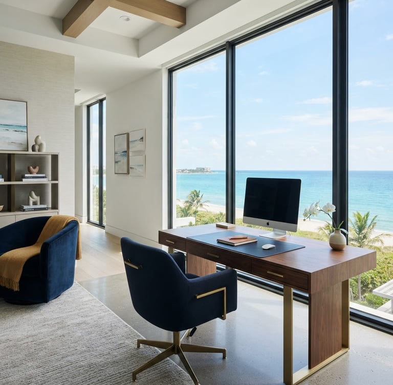 Modern, sunlit corporate workspace with architectural lines, a sleek desk, and a view of the Florida coastline through large windows. Bright, natural coastal daylight. Wide shot with ample negative space.