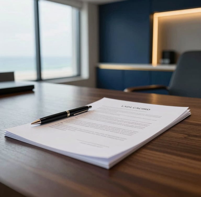 Close-up of legal documents with a pen, on a polished dark wood desk, framed by a modern office interior with soft coastal daylight, deep navy and warm gold accents, sharp focus, 35mm lens