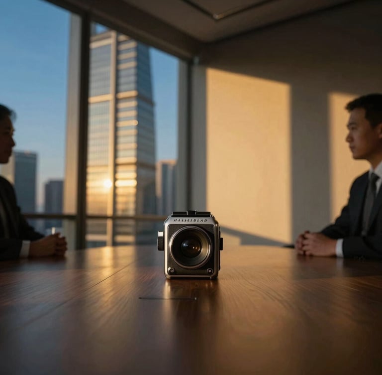 Close-up of high-end boardroom negotiation in Shanghai, dramatic golden hour light, architectural shadows, professional atmosphere, Hasselblad medium format