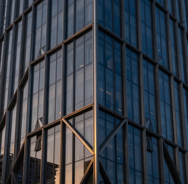 Abstract architectural close-up of modern geometric glass facade in Shenzhen, sharp angles, dramatic golden hour lighting, Hasselblad medium format