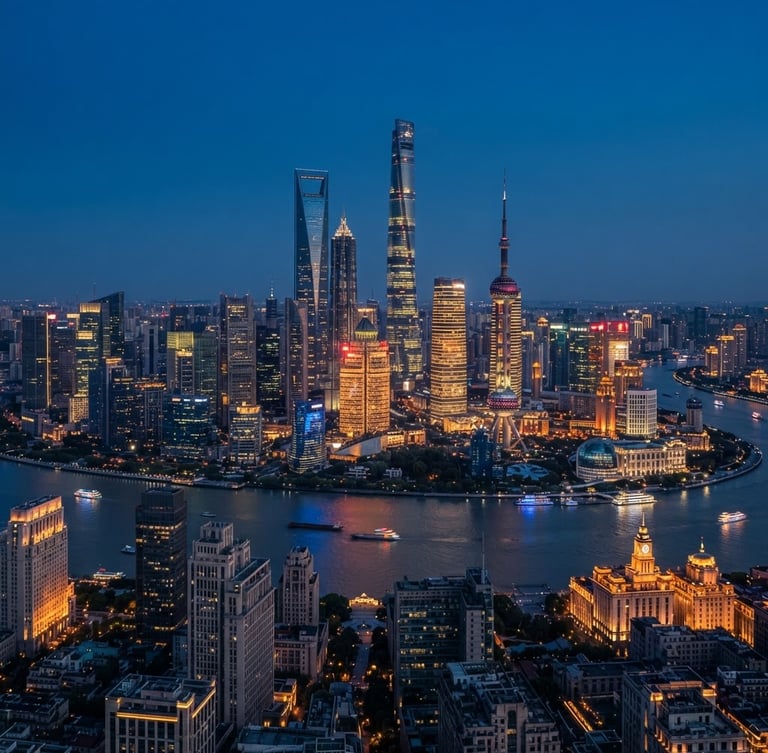 High-altitude architectural view of Shanghai Pudong skyline at deep blue twilight, sharp focus, golden hour reflections on glass towers, cinematic medium format photography