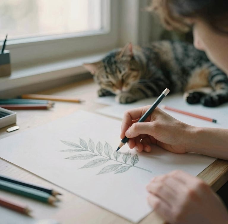 An artist's hands sketching a botanical leaf with colored pencils in a sunlit studio, textured paper, sleeping cat nearby in a patch of light, soft 35mm film style.