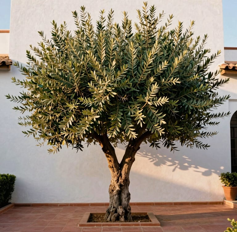 A vertical portrait shot of a mature, sculpted olive tree in a Rabat estate garden, its silvery leaves catching the warm golden-hour light, with crisp white plaster walls in the background.